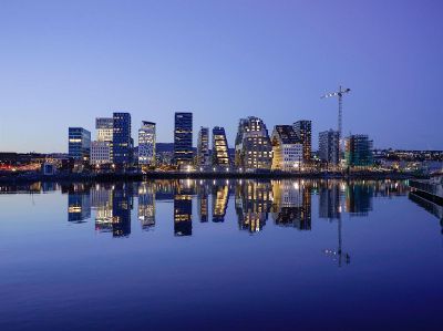 evening skyline at a waterfront