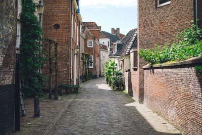 cobblestone street and buildings