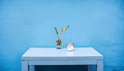 blue desk with stuff