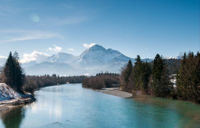 river in front of mountain