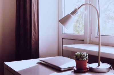 desk with lamp and small plant
