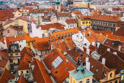 red roofs of the buildings shown from above