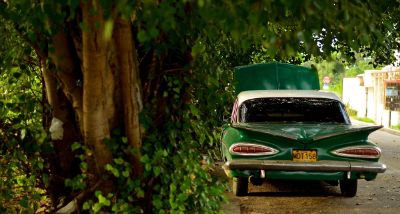 green retro car under tree