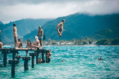 a group of people swimming