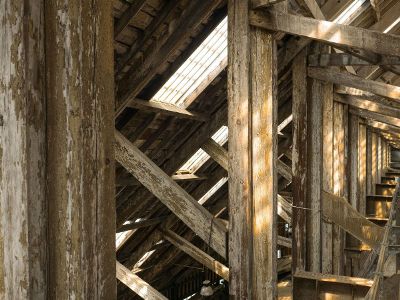 sunlight through skylights in the rafters