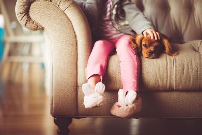 child petting a puppy