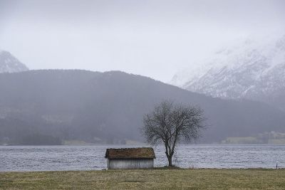 home below mountains