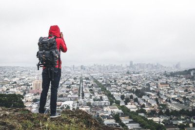 hiker takes city photography