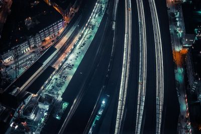 railroad tracks at night