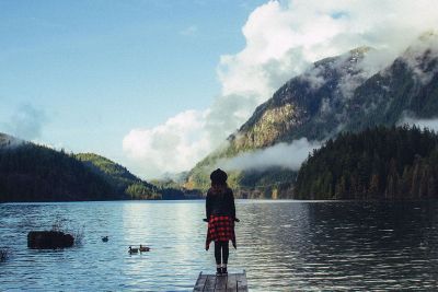 women looking at lake