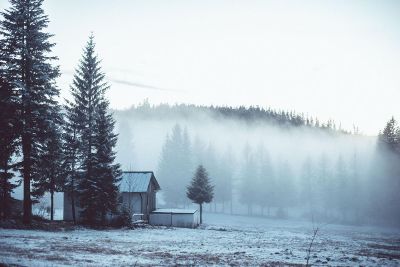 cabin in snowy mountain