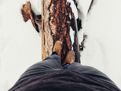 balancing on snowy log