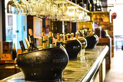 wine bottles on bar top