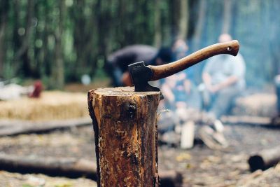 hatchet stuck in log