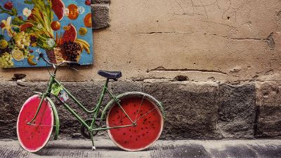 bicycle with watermelon wheels on the road