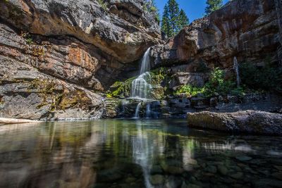 a waterfall draining into a pond