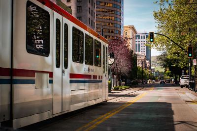 tram traveling along road