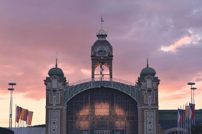 building at sunset