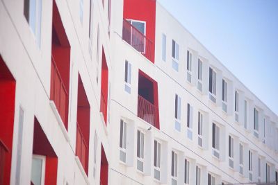 white building with red accents