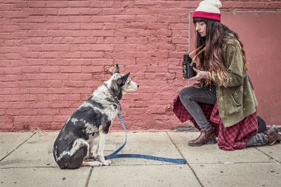 a woman taking a photograph of her dog