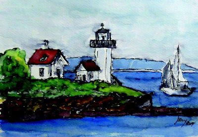 watercolor painting of lighthouse