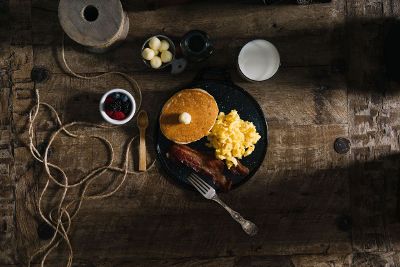 hearty american breakfast on table
