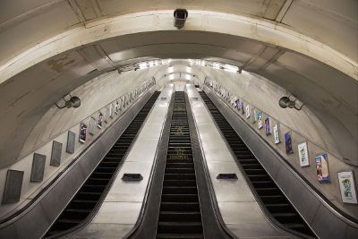 bottom of an escalator