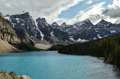 lake by mountains