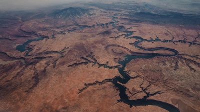 a river curved through a desert