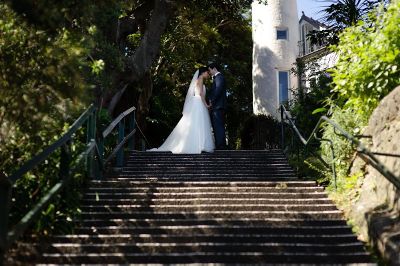 a wedding photo on a staircase