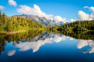 a beautiful lake picture with mountains and trees