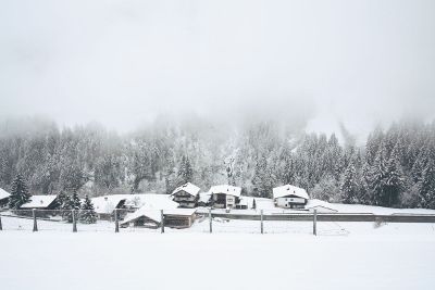 snow covered homes