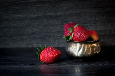 strawberries in silver container