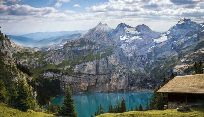 cabin with mountain and lake view