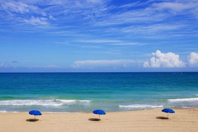 three blue umbrellas on a beach