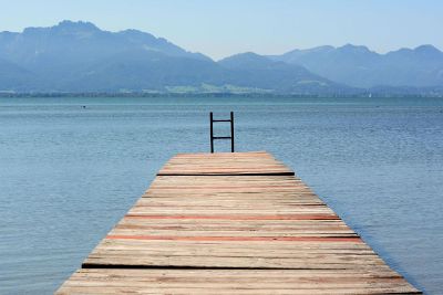 dock with a mountain view