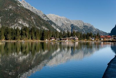 village by mountain lake