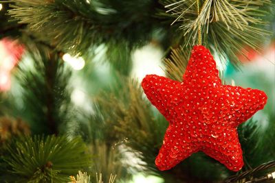 red star ornament on tree