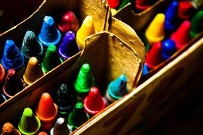 box of lightly used crayons