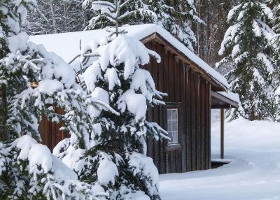 snowy cabin in the woods