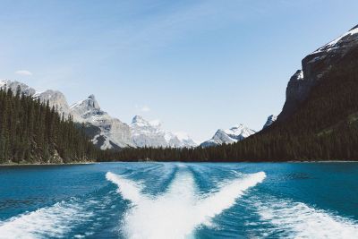 snow clad mountains and river