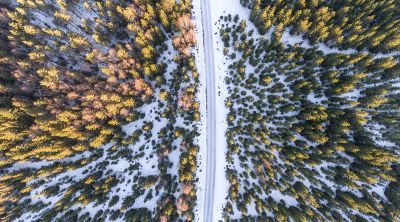 aeriel view of snowy higheway