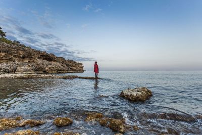 person standing on coastal rocks
