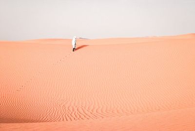 a man walking on pink sand