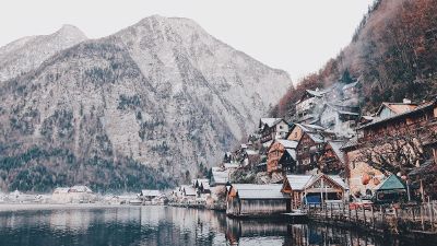 moutainside town on lake