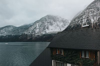 snowy mountains overlooking lake