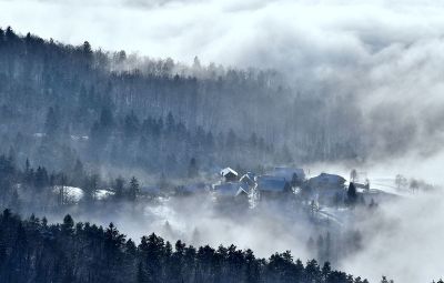 misty mountain town