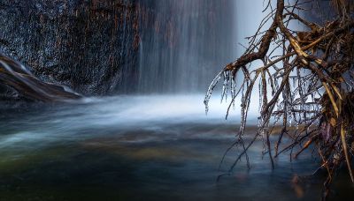 icy branches by a waterfall