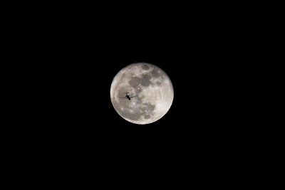 plane flying in front of the moon