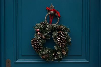 wreath on blue door